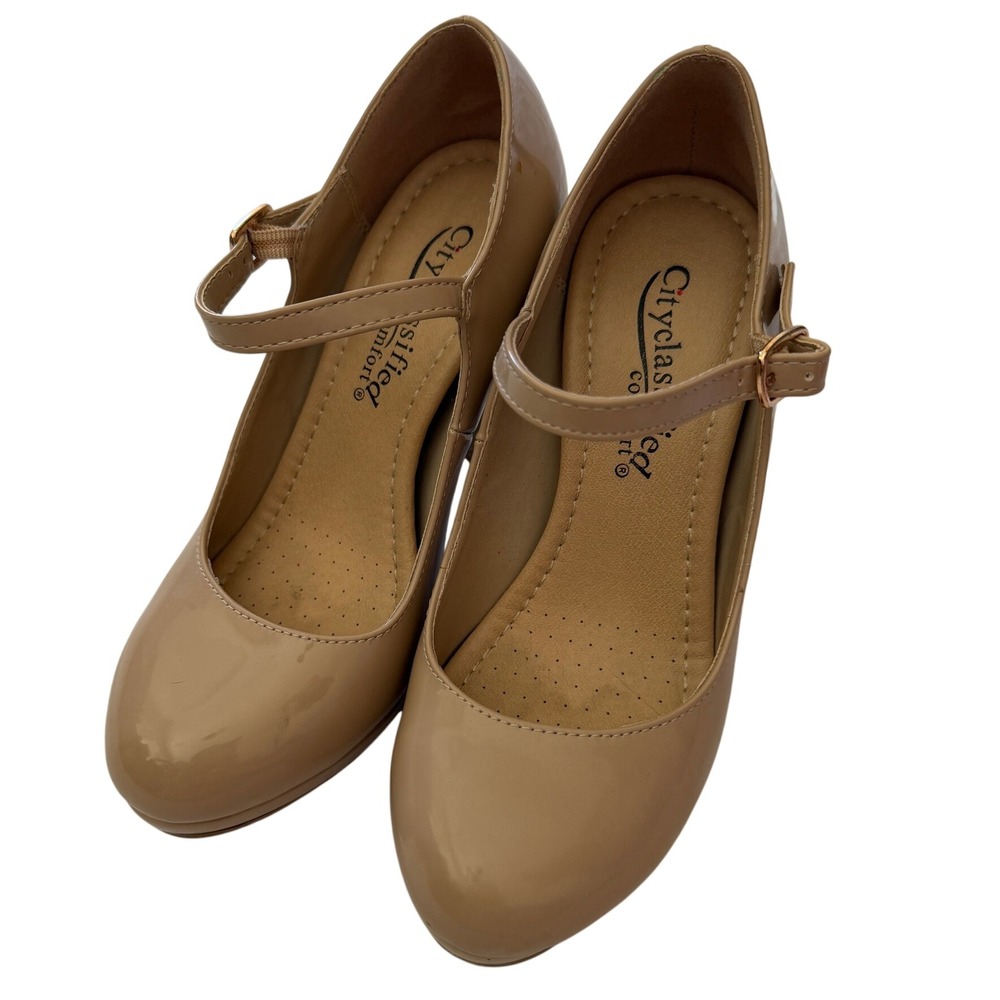 City Classified Comfort Nude Patent Mary Jane Platform Pumps Heels Womens 6